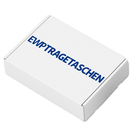 Eine weiße Verpackung mit der blauen Aufschrift "EMW TRAGETASCHEN" auf der Oberseite, liegt auf einem neutralen Hintergrund.